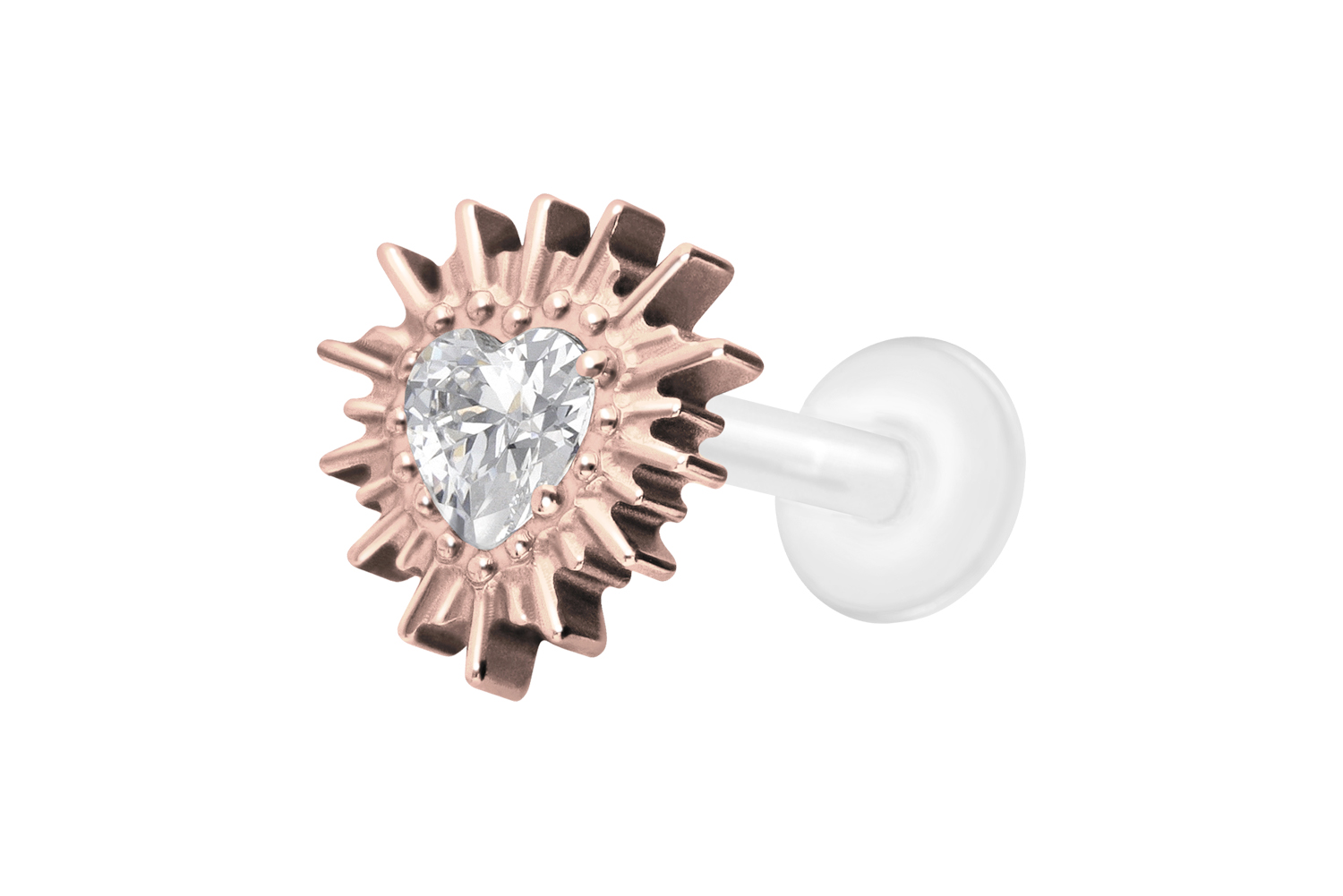 PTFE Labret Piercing mit Innengewinde + Titan-Aufsatz KRISTALLHERZ + SONNENSTRAHLEN